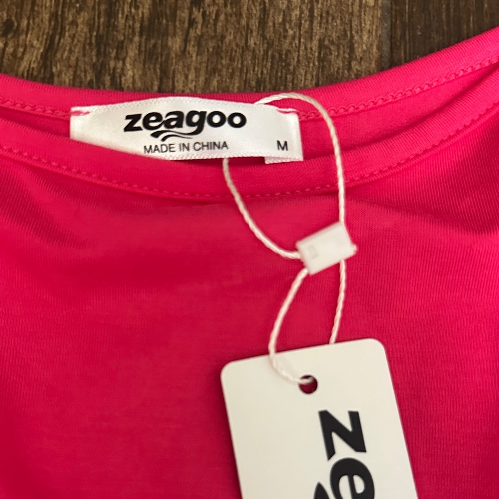 Zeagoo Fuchsia Bodysuit Top Nwt | Sheer Puff Sleeve Pink Medium — image 2 of 4